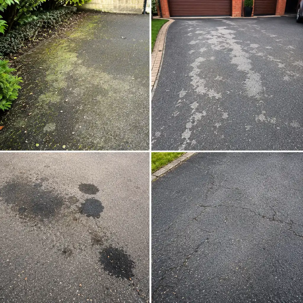Dirty tarmac driveway with moss and algae